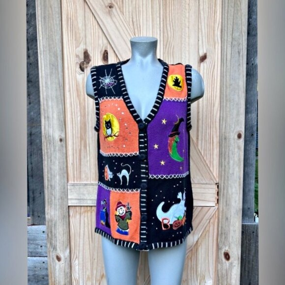 Vintage 90s Holiday Editions Black Halloween Patchwork Button Up Sweater Vest~M~ - Picture 1 of 7